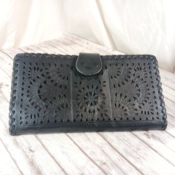Cleobella Mexicana Black Leather Wallet Hand-Tooled Cut-Out Sun Whipstitch 9x5" - Picture 1 of 10